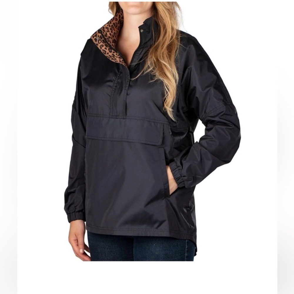 Lauren James Black Rain Jacket with Leopard Accents
